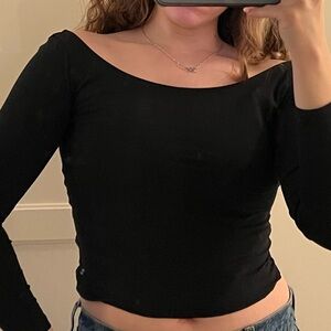 Black Long-Sleeve Off-Shoulder Crop Top With Lace Bacm